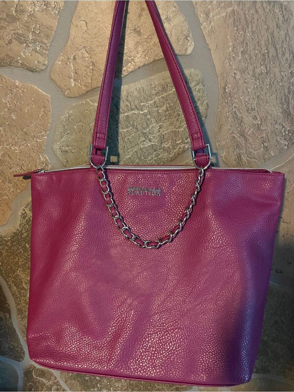 Kenneth Cole Reaction Berry Pink Faux Leather Tote with Chain Detail